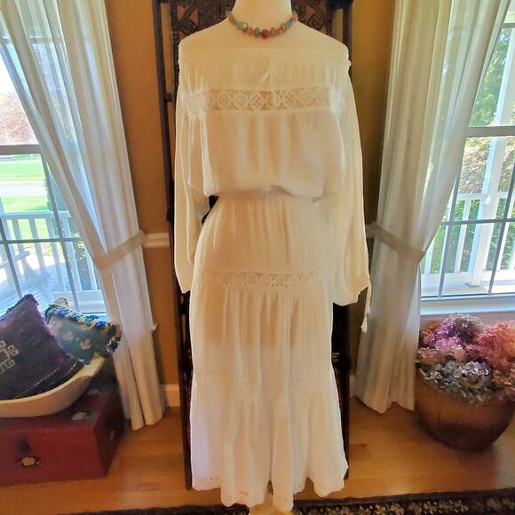 Vintage circa 1978 Bohemian Crochet Panels and Woven Cotton blend Midi Dress SzS - Picture 4 of 11